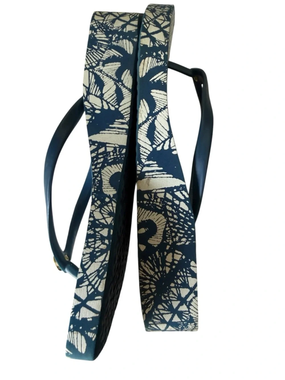 Tory Burch Blue Floral Batik Print Wedge Flip Flips Logo Medallion 9 Like New